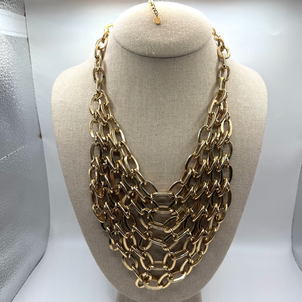 Aldo Gold Tone Multi Strand Chunky Link Statement Bib Necklace Layered Chain